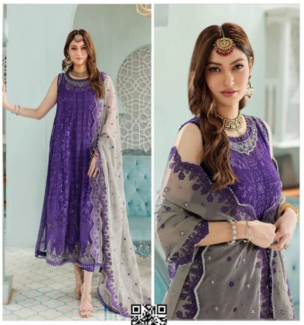 Authentic maria b new collection unstitched suit showing detailed heavy schiffli embroidery layout on front panel and ready to wear bamber chiffon dupatta