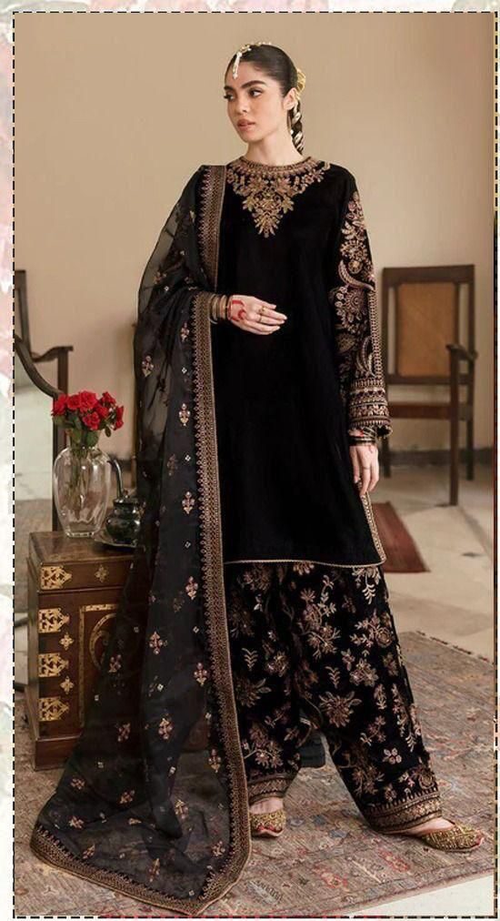 Authentic embroidered unstitched 3 piece suit showcasing heavy front sequence embroidery layout with embroidered bamber chiffon dupatta
