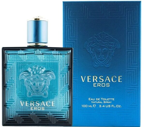 versace eros eau de parfum premium 100ml turquoise glass spray bottle with medusa emblem layout display