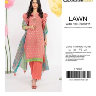 alkaram studio 3pc Lawn With Voil Dupatta 