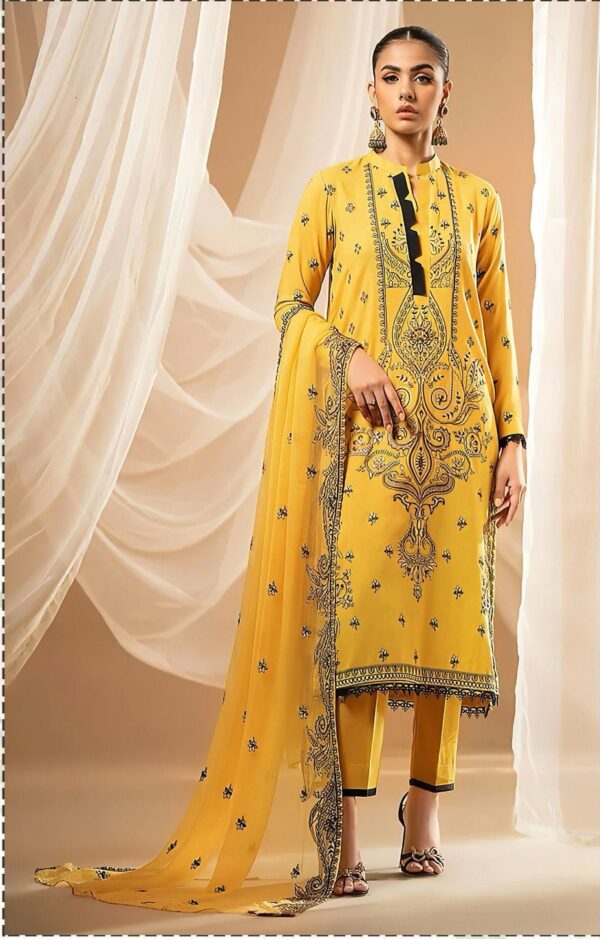 Tana Bana luxury 90/88 airjet lawn suit with heavy thread embroidery and khaadi karandi dupatta