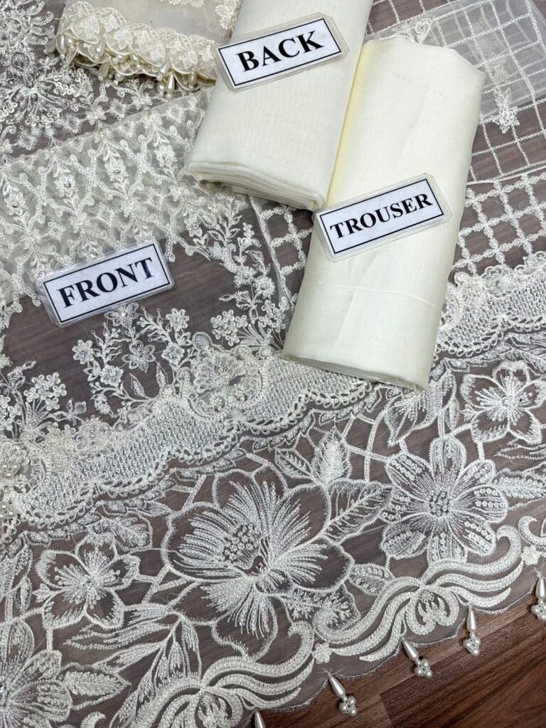 Baroque winter collection organza dress khadi net - oye ji Baroque white and brass water jet mosaic