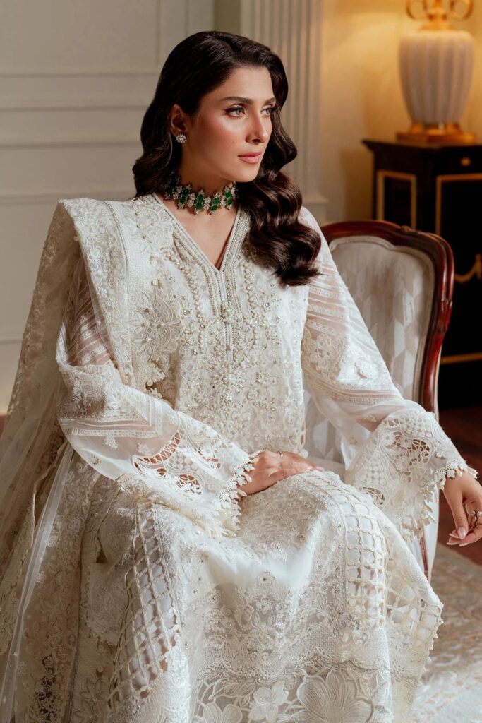 Baroque winter collection organza dress khadi net - oye ji Baroque white dress
