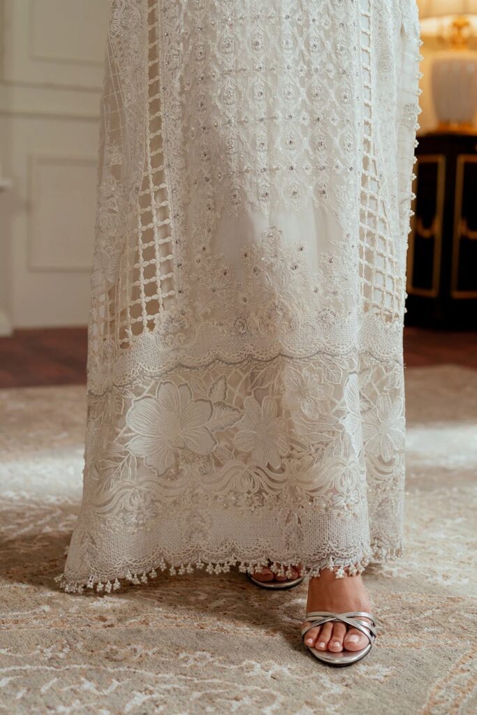 Baroque winter collection organza dress khadi net - oye ji Baroque white suit