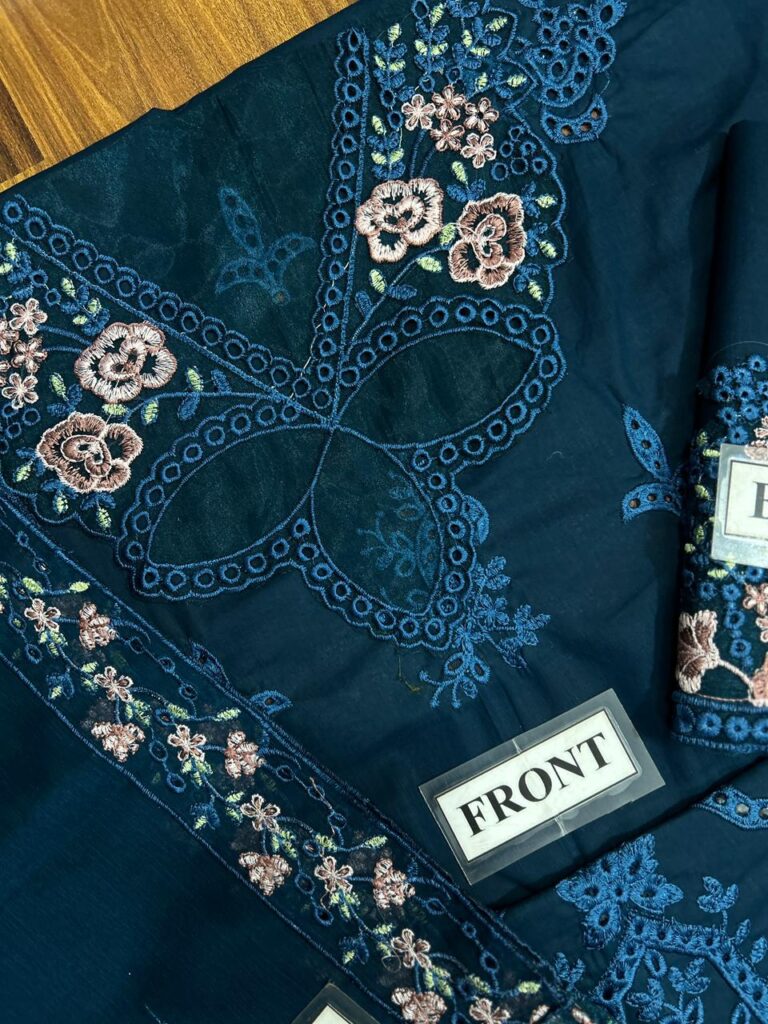3 piece lawn suit with chiffon dupatta steel blue front butterfly schiffli laser cutwork design oye ji
