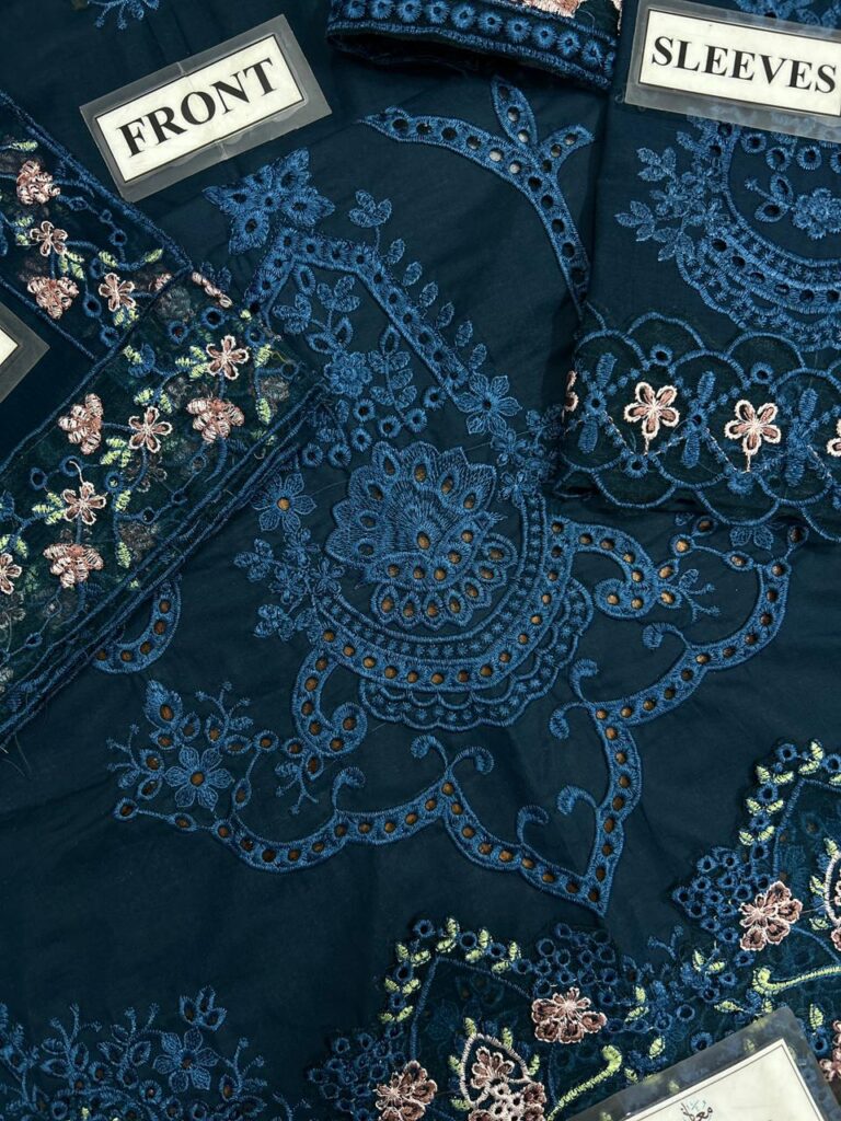 3 piece lawn suit with chiffon dupatta steel blue front boring work embroidery layout oye ji