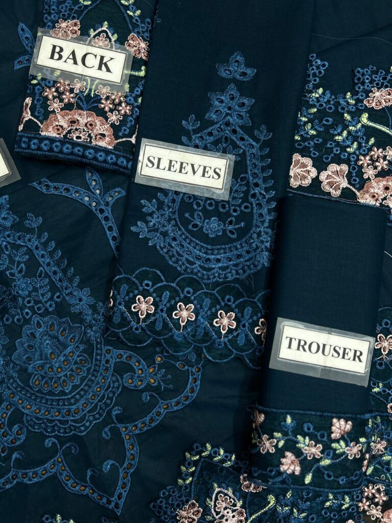 3 piece lawn suit with chiffon dupatta steel blue schiffli sleeves and embroidered trouser patch oye ji