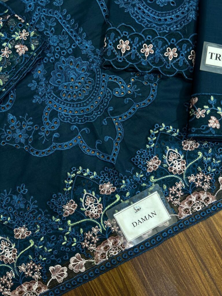 3 piece lawn suit with chiffon dupatta steel blue heavy embroidered daman border lace patch oye ji