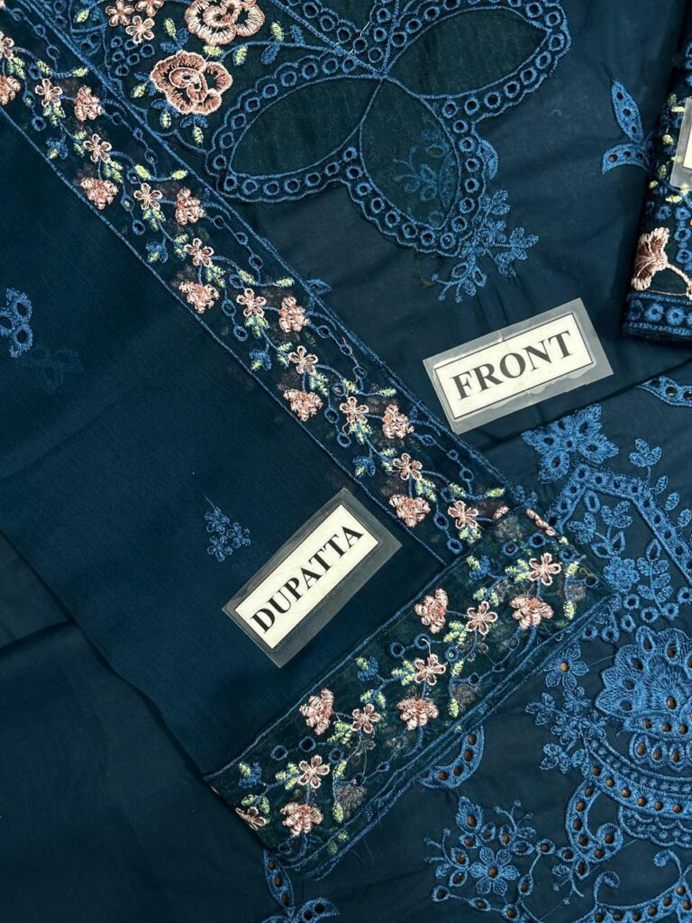 3 piece lawn suit with chiffon dupatta steel blue embroidered chiffon dupatta borders close up oye ji