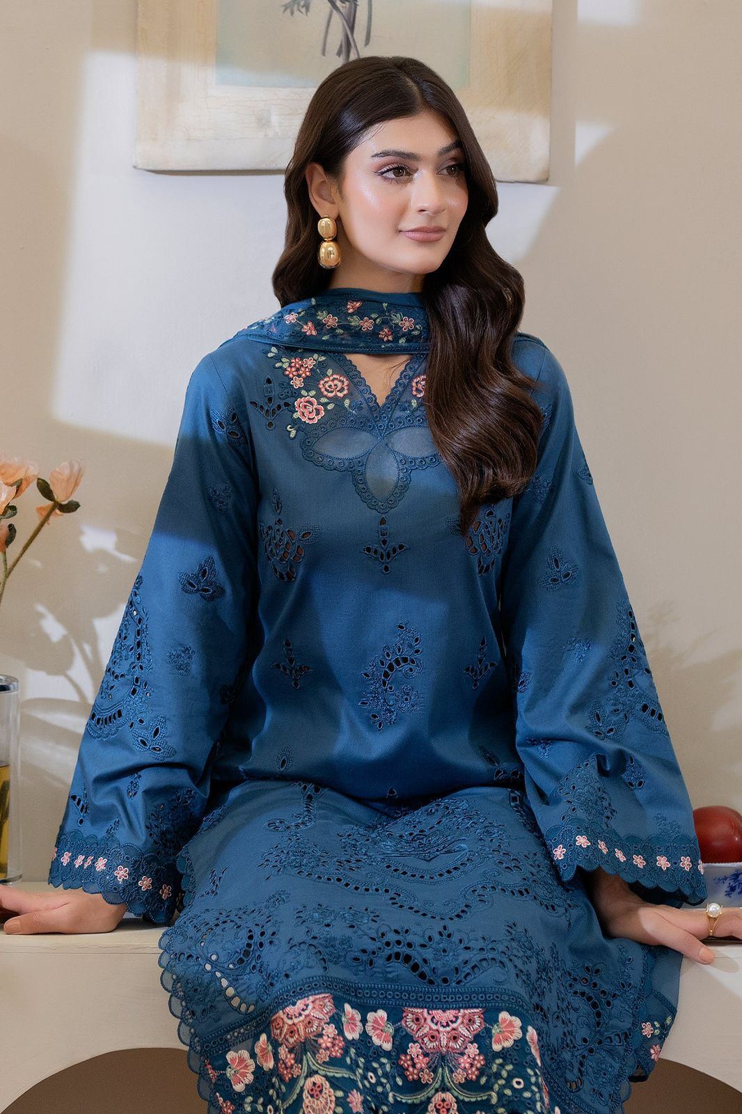 3 piece lawn suit with chiffon dupatta - serene premium embroidered - oye ji 3 piece lawn suit with chiffon dupatta steel blue schiffli embroidered neckline close up oye ji