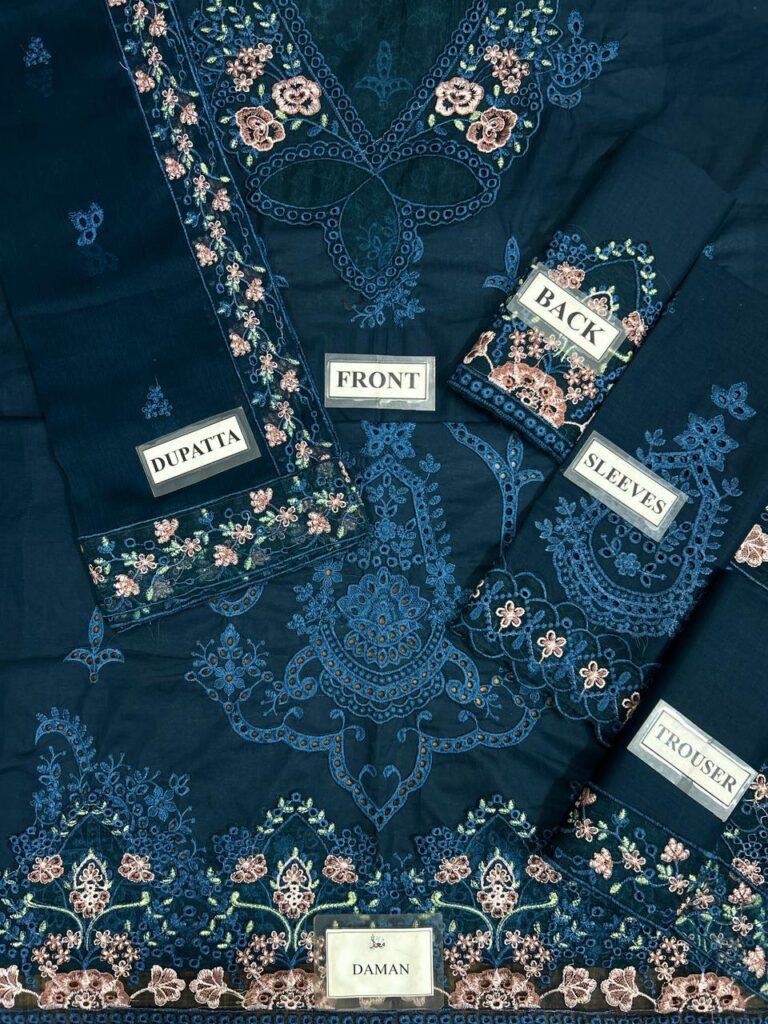 3 piece lawn suit with chiffon dupatta steel blue unstitched open fabric labels layout oye ji