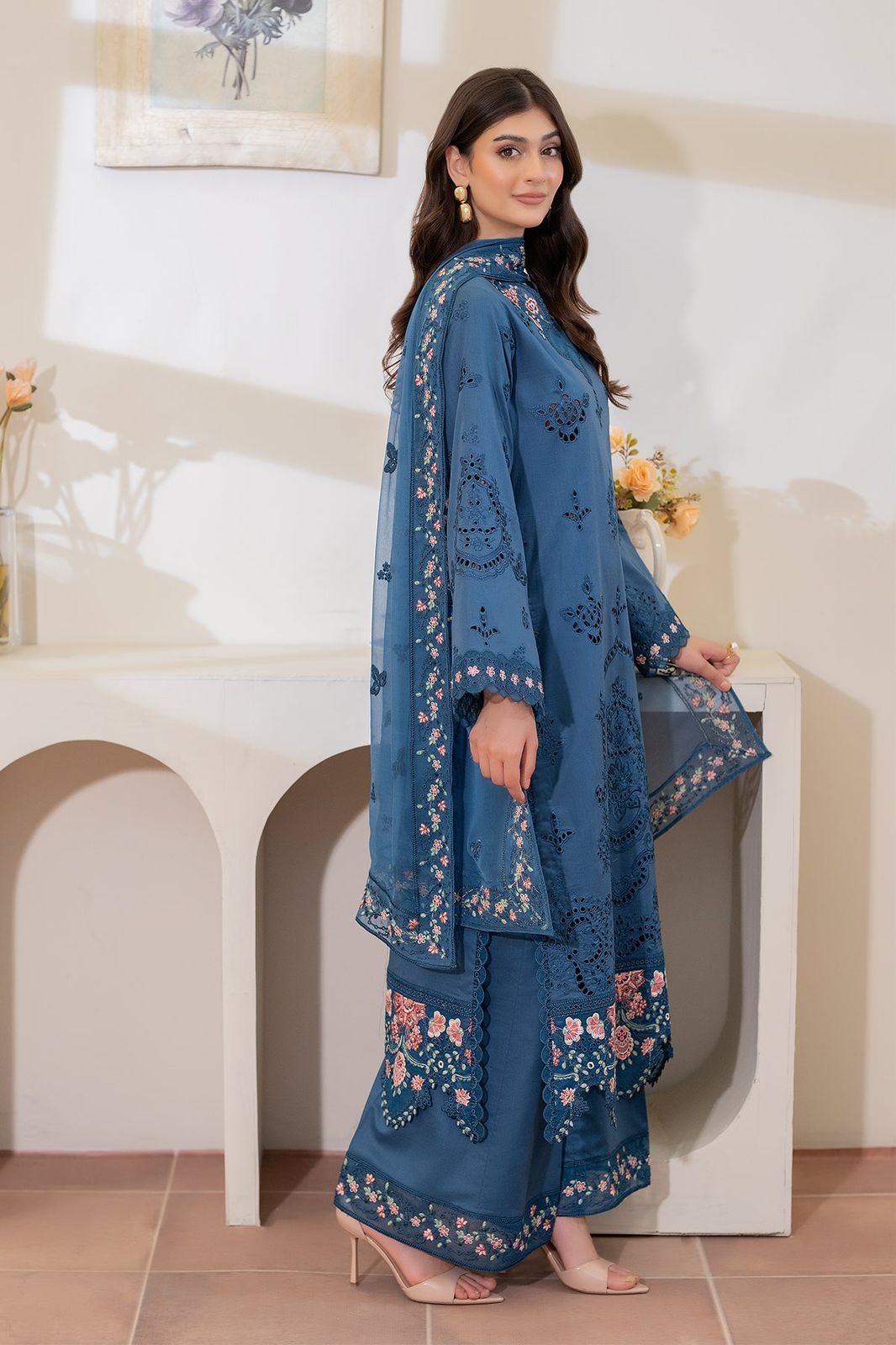 3 piece lawn suit with chiffon dupatta - serene premium embroidered - oye ji 3 piece lawn suit with chiffon dupatta steel blue embroidered dress side pose oye ji
