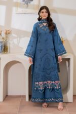 3 piece lawn suit with chiffon dupatta teal blue embroidered luxury pima lawn unstitched dress oYe Ji