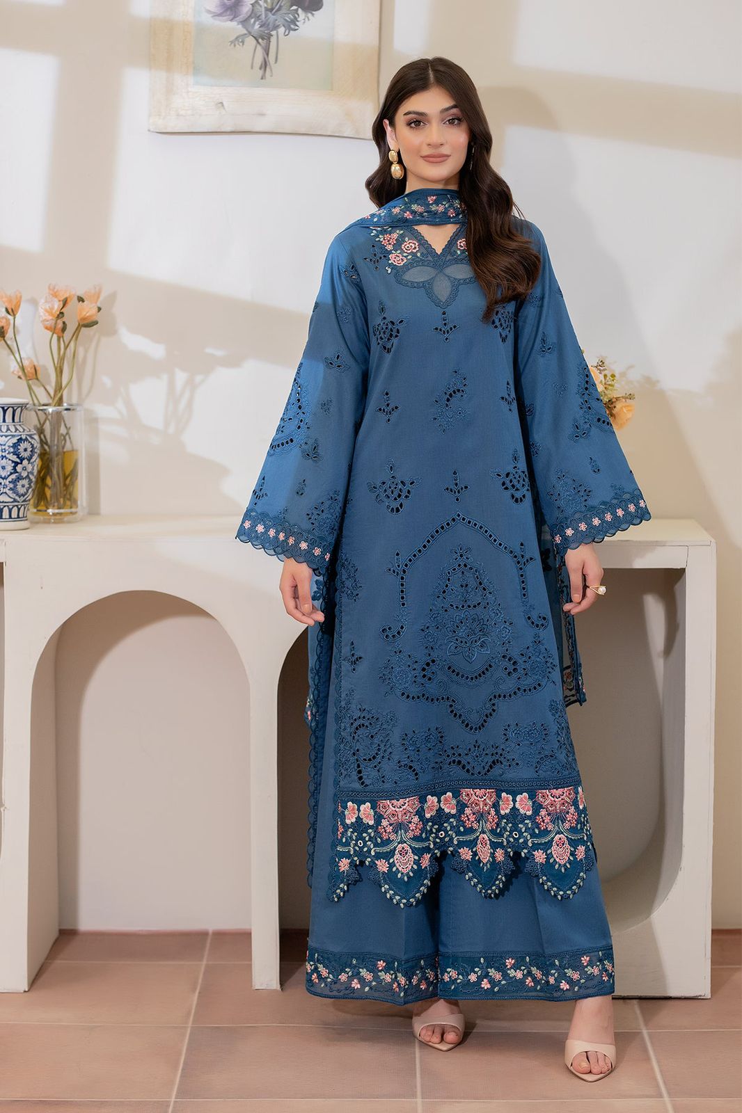 3 piece lawn suit with chiffon dupatta - serene premium embroidered - oye ji 3 piece lawn suit with chiffon dupatta teal blue embroidered luxury pima lawn unstitched dress oye ji