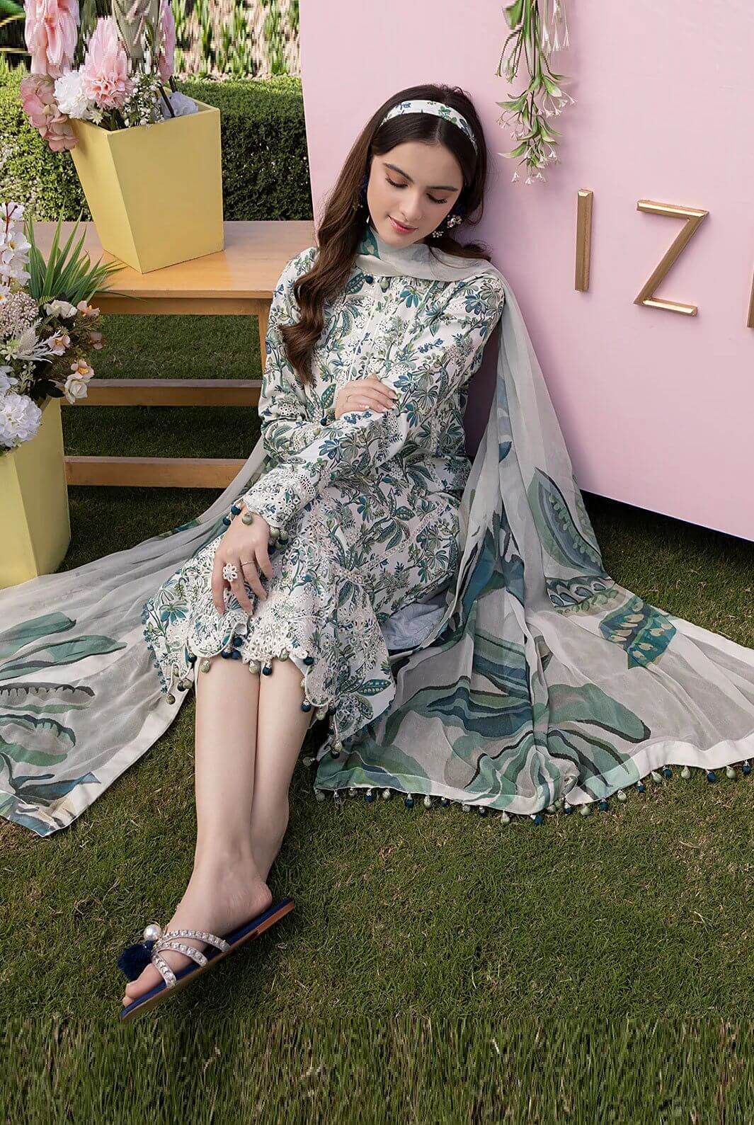 Izel luxury chikankari unstitched 3 piece lawn suit with chiffon dupatta - oye ji Izel luxury lawn collection printed trouser design