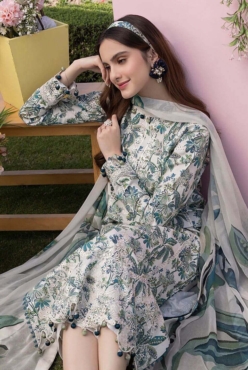 Izel luxury chikankari unstitched 3 piece lawn suit with chiffon dupatta - oye ji Izel luxury lawn suit heavy embroidered front shirt