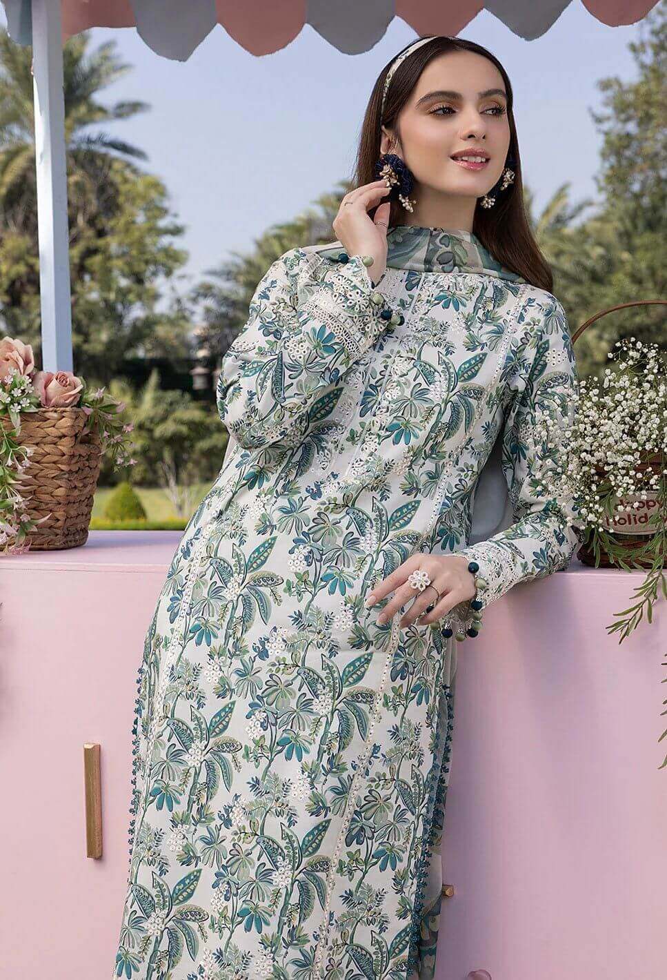 Izel luxury chikankari unstitched 3 piece lawn suit with chiffon dupatta - oye ji Izel luxury lawn suit embroidered chikankari neck design