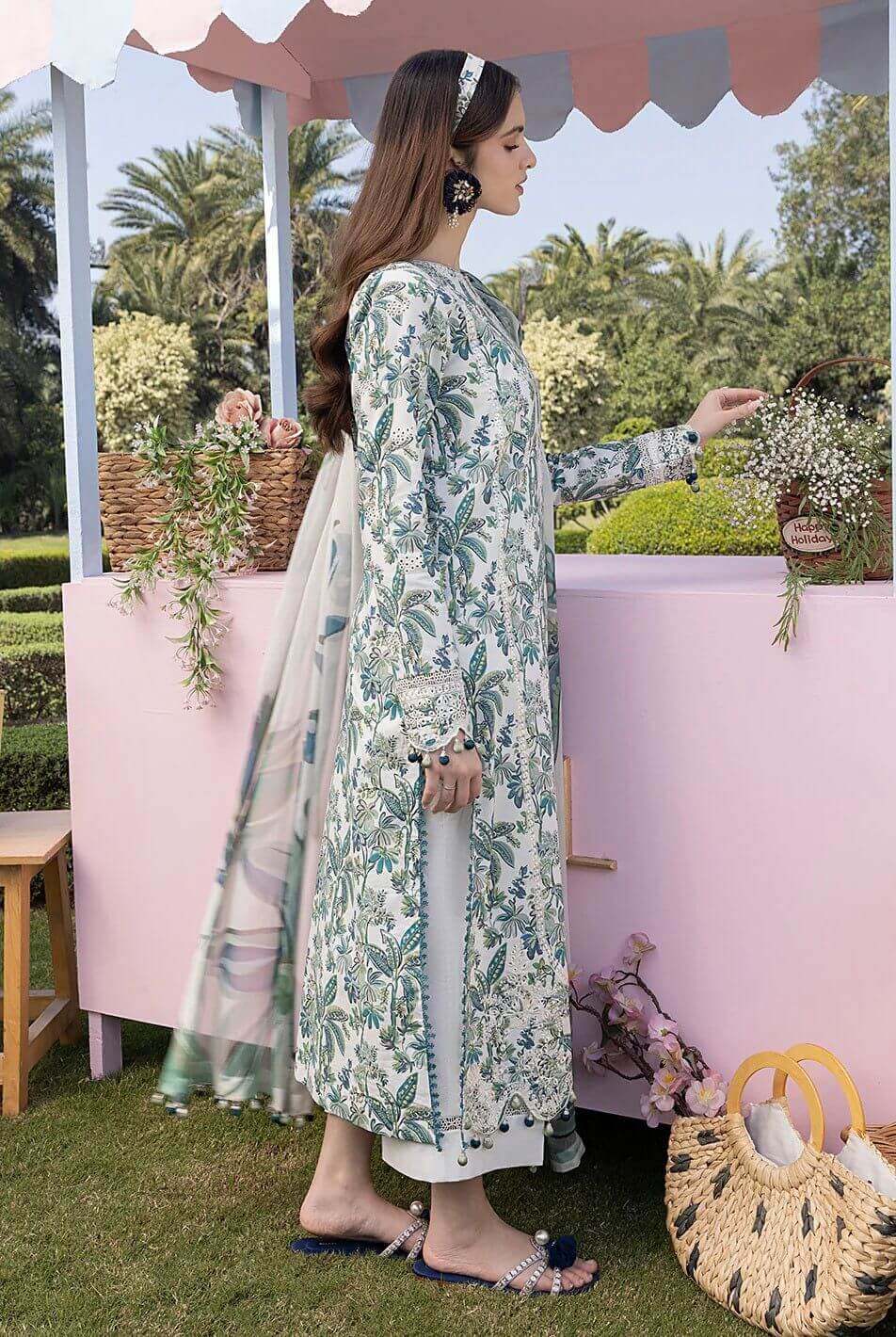 Izel luxury chikankari unstitched 3 piece lawn suit with chiffon dupatta - oye ji Izel luxury lawn suit printed sleeves with embroidered cuffs
