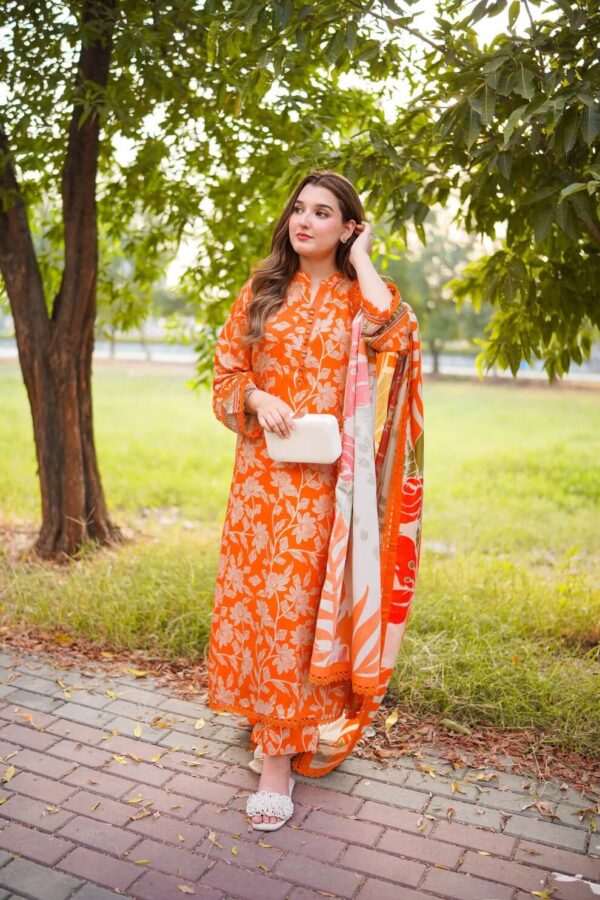 Pakistani Lawn Suits Online Aneelas Luxury Orange Dress Model Front View