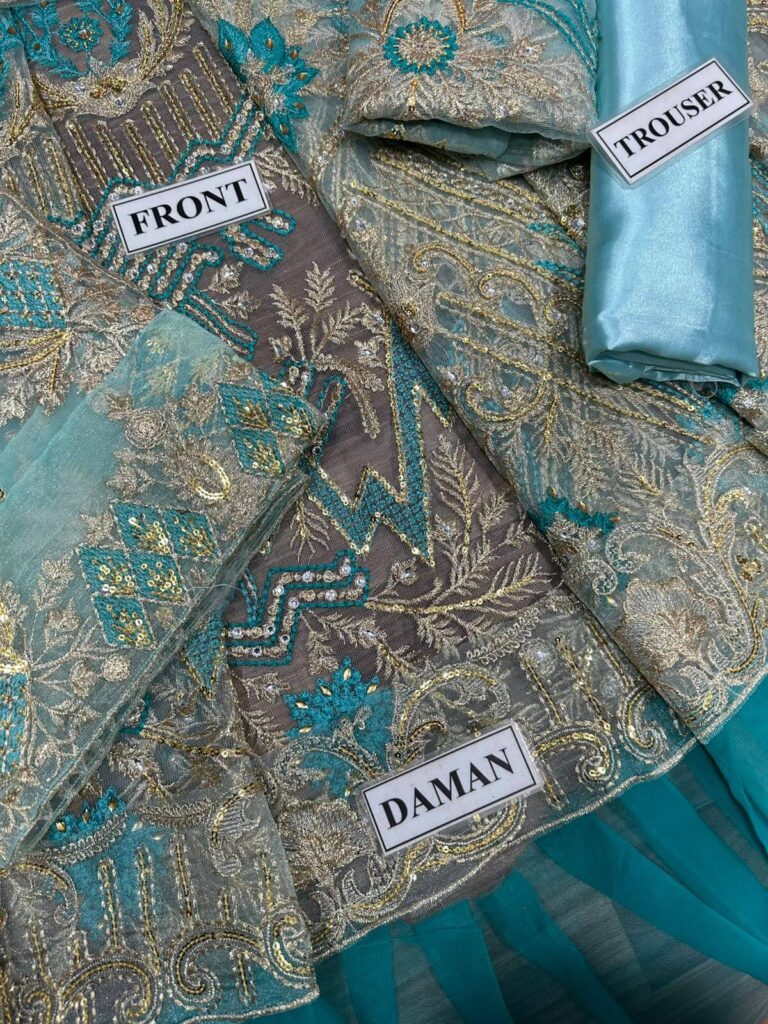 ahmed sultan Luxury Net Sequence Work Frock With Satin Silk Trouser 2 ahmed sultan heavy embroidered daman patch and front panels sequence work close up oYe Ji