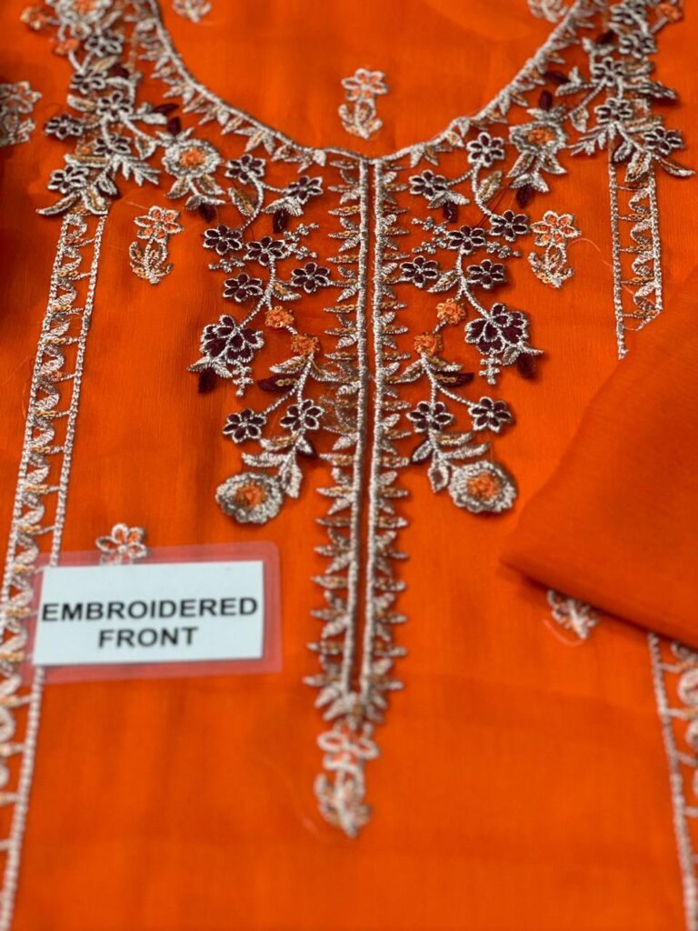 Azure Clothing Sale - Luxury Chiffon Embroidered 3 Piece Suit 4 Azure clothing sale embroidered front neckline floral zari detail macro shot oYe Ji