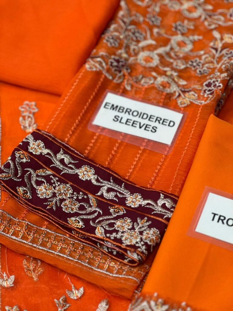 Azure Clothing Sale - Luxury Chiffon Embroidered 3 Piece Suit 5 Azure clothing sale embroidered sleeves close up macro shot with maroon cuff border patch oYe Ji