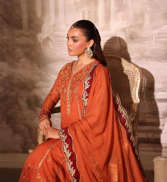 Azure clothing sale - luxury chiffon embroidered 3 piece suit - oye ji Azure clothing sale luxury unstitched suit neckline embroidery and heavy dupatta border details oye ji