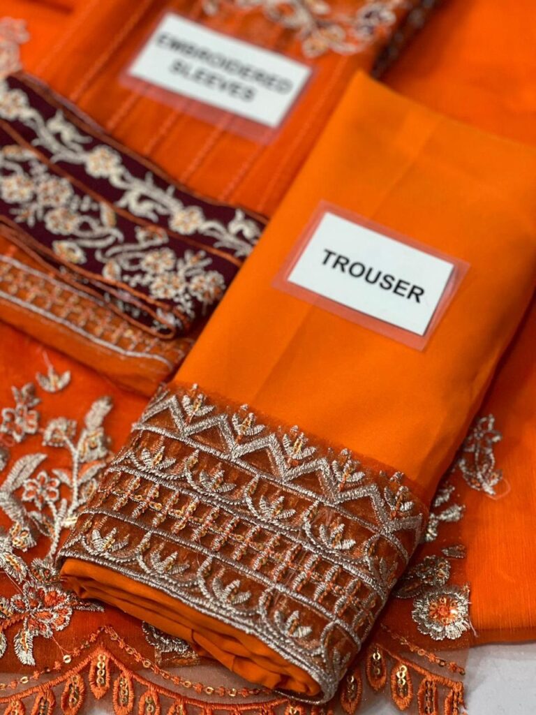 Azure Clothing Sale - Luxury Chiffon Embroidered 3 Piece Suit 3 Azure clothing sale malai trouser with heavy embroidered border patch close up oYe Ji