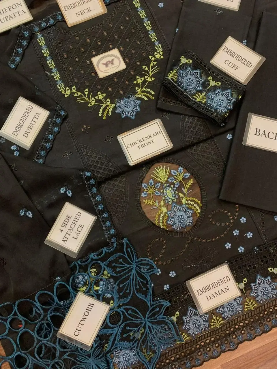 Mahnur lawn luxury embroidered chikankari master replica 3 piece suit - oye ji Mahnur lawn jet black master replica laser cutwork border and embroidered chiffon dupatta oye ji