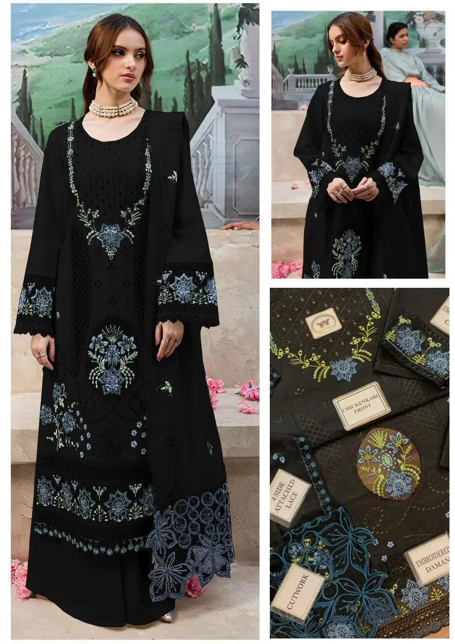 Mahnur lawn luxury embroidered chikankari master replica 3 piece suit - oye ji Mahnur lawn luxury cotton unstitched chickenkari front master replica 3 piece black suit oye ji