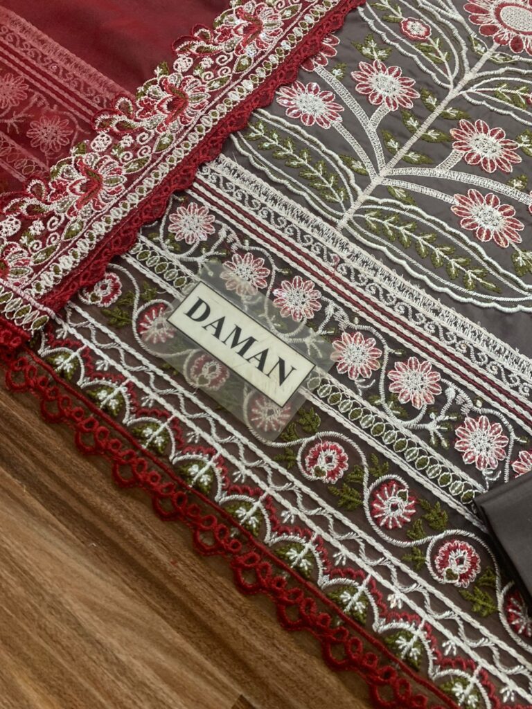 Marjaan Luxury Lawn Chicken Kari Unstitched 3 Piece Suit 2 marjaan luxury lawn embroidered daman patch and heavy shirt border close up oYe Ji