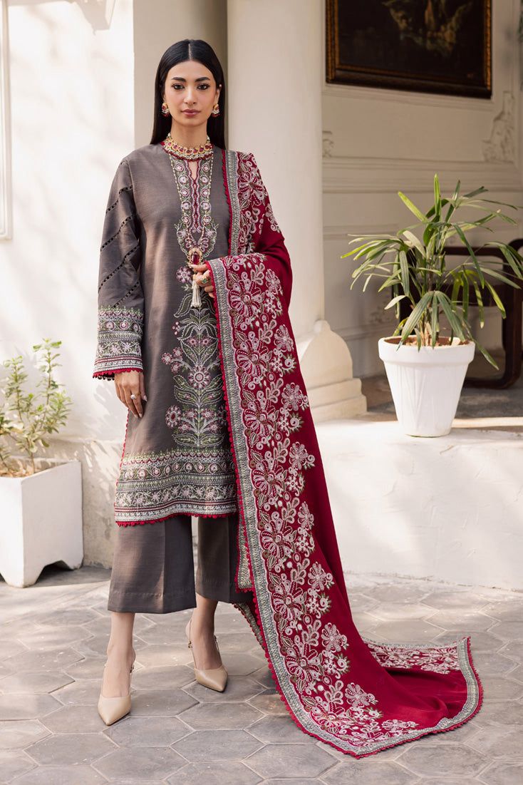 Marjaan luxury lawn chicken kari unstitched 3 piece suit - oye ji Marjaan luxury lawn grey chicken kari unstitched suit with maroon embroidered chiffon dupatta oye ji