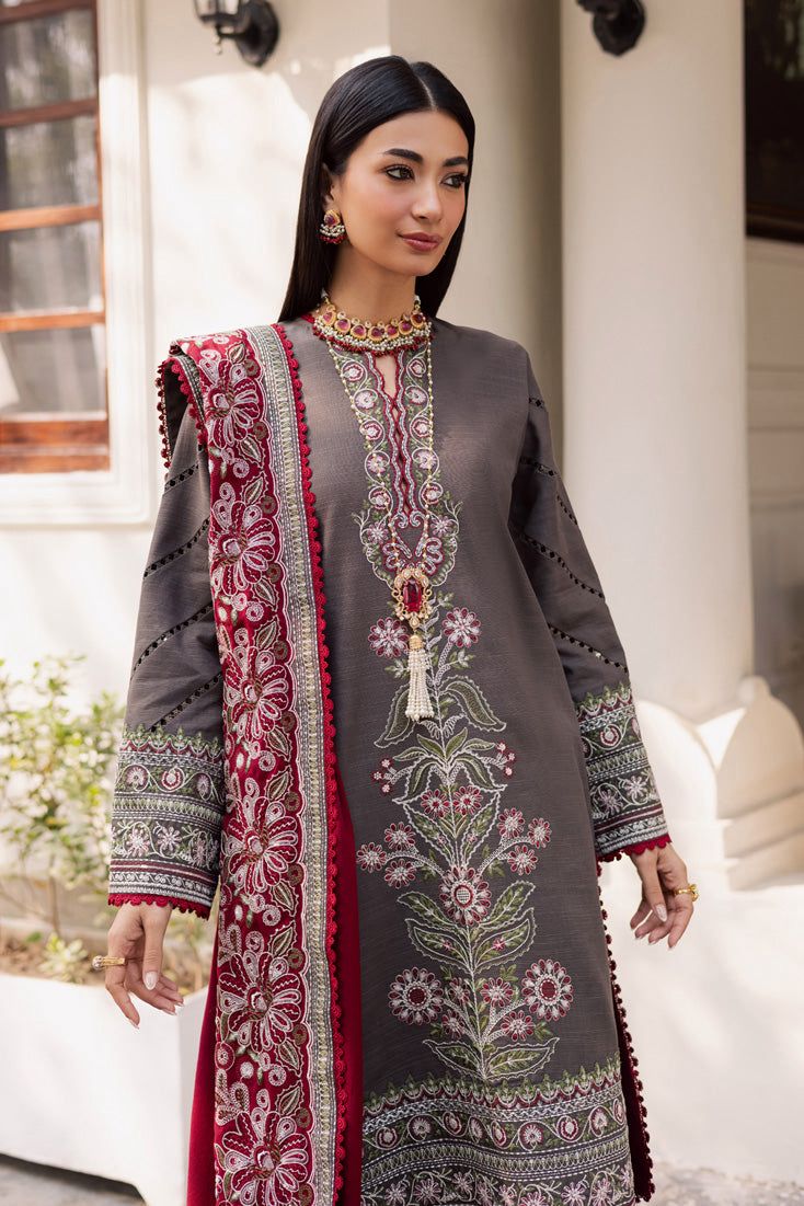 Marjaan luxury lawn chicken kari unstitched 3 piece suit - oye ji Marjaan luxury lawn embroidered neckline detail with maroon chiffon dupatta border oye ji