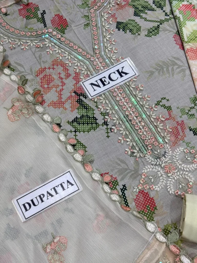 Nureh brand grey suit sequence embroidered neckline and chiffon dupatta lace close up oYe Ji