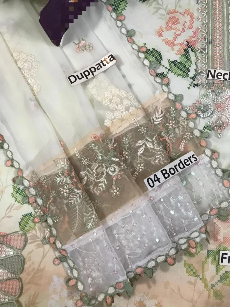 Nureh brand ivory chiffon dupatta with 04 borders tissue extensions close up oYe Ji