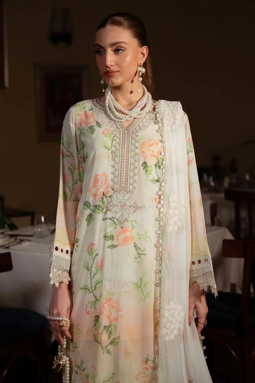 Nureh brand luxury unstitched 3 piece lawn suit with heavy pallu dupatta - oye ji Nureh brand ivory heavy embroidered neck patch panel front catalog pose oye ji