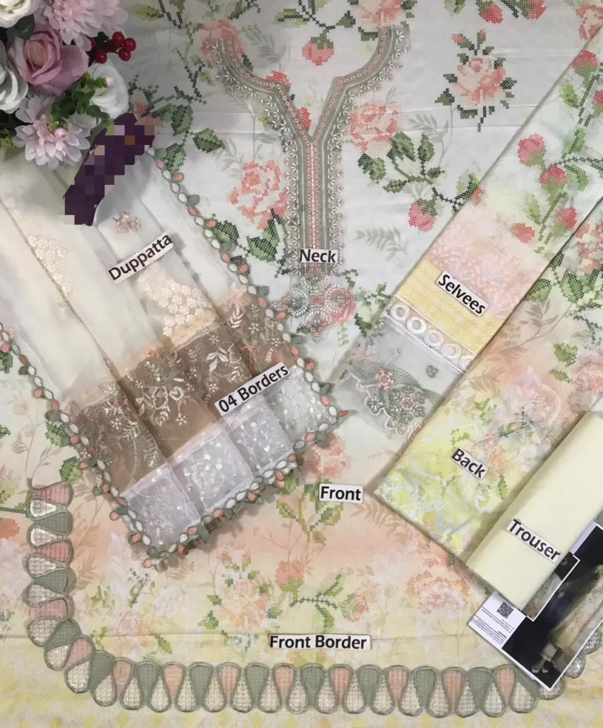 Nureh brand ivory unstitched open fabric labels layout pack shoot cross stitch lawn oYe Ji
