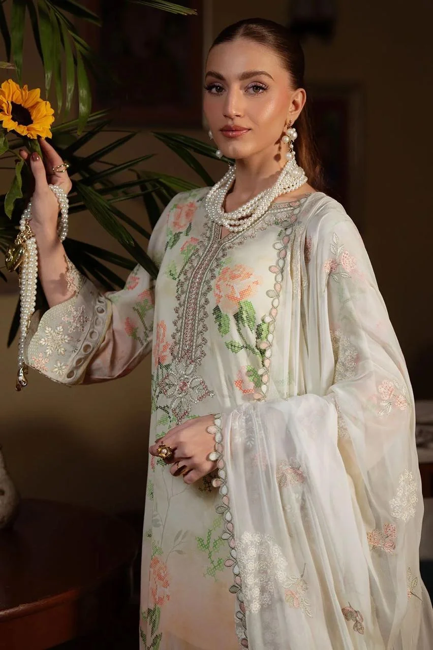 Nureh brand luxury unstitched 3 piece lawn suit with heavy pallu dupatta - oye ji Nureh brand ivory luxury lawn unstitched suit organza cutwork sleeves cuff design oye ji