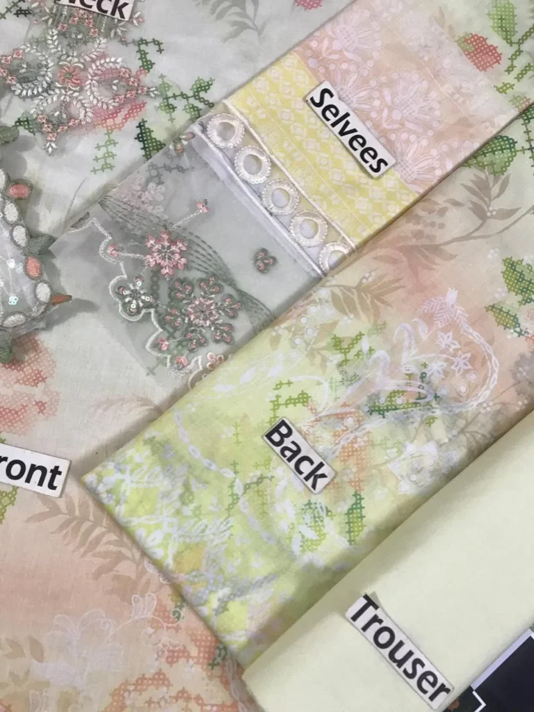 Nureh brand ivory lawn suit printed sleeves with organza cutwork cuff patch oYe Ji