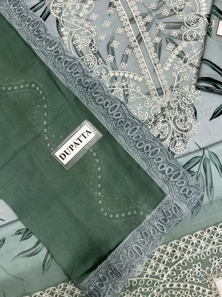 nureh luxury collection sage green embroidered neckline panel and cutwork chiffon dupatta border oYe Ji