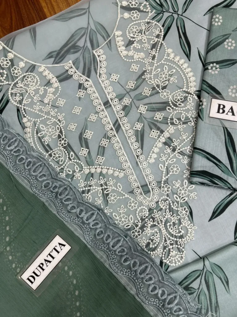 nureh luxury collection sage green heavy embroidered neckline patterns and leaf print shirt oYe Ji