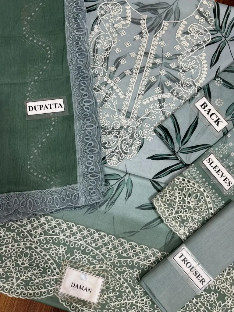 nureh luxury collection sage green unstitched open fabric labels layout pack shoot oYe Ji