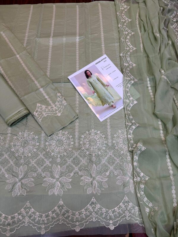Cross stitch embroidery flat layout unstitched fabric open suit pic