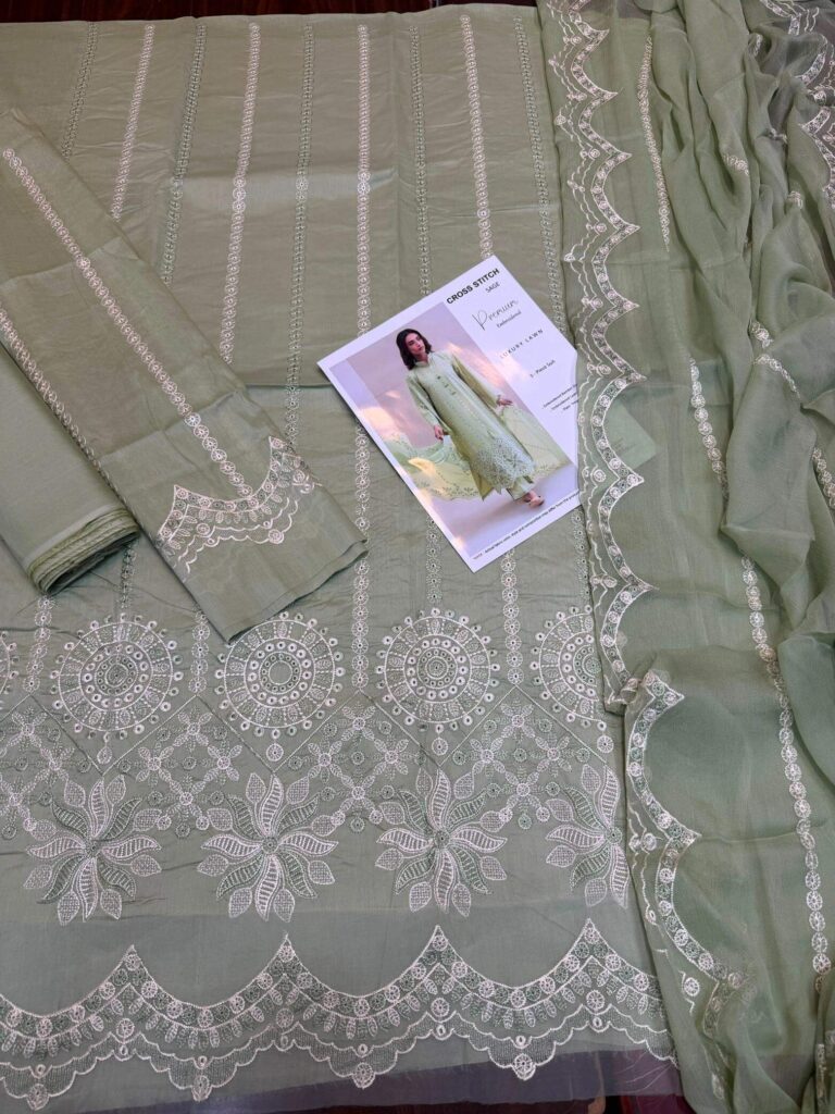 cross stitch embroidery flat layout unstitched fabric open suit pic