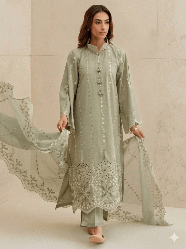 Cross stitch embroidery sage green luxury unstitched lawn suit