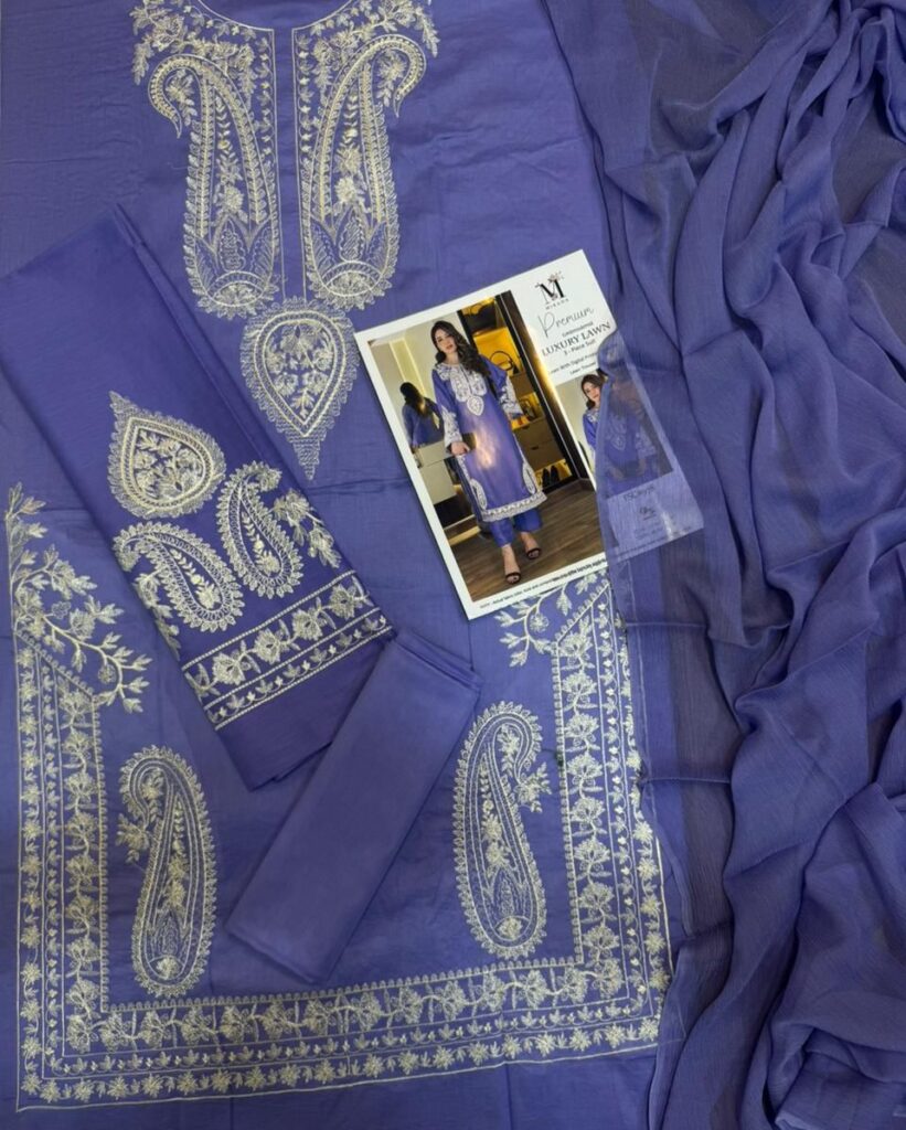 Marina clothing summer collection 2026 code 6266 unstitched lavender lawn suit fabric layout with chiffon dupatta