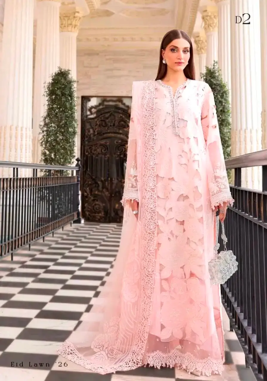 Maria b outfits luxury embroidered 3pcs lawn suit – summer edition - oye ji Maria b outfits pink unstitched luxury embroidered lawn suit d2 ready to wear khaadi net dupatta