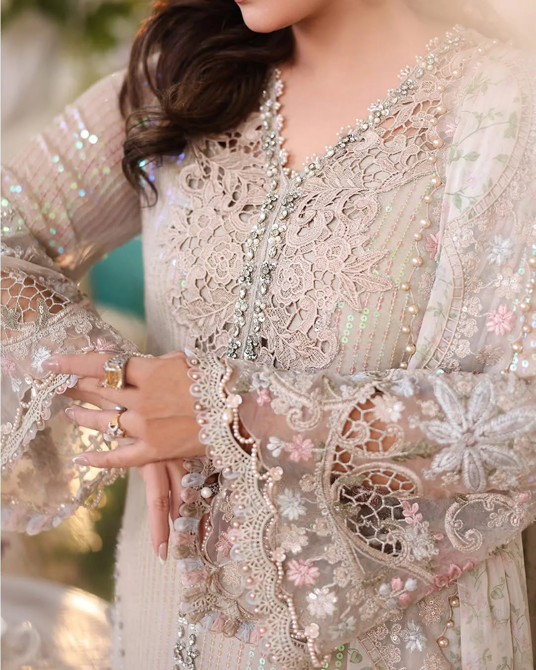 Maria b new collection winter chiffon embroidered unstitched - oye ji Heavy embroidered sleeve cuffs
