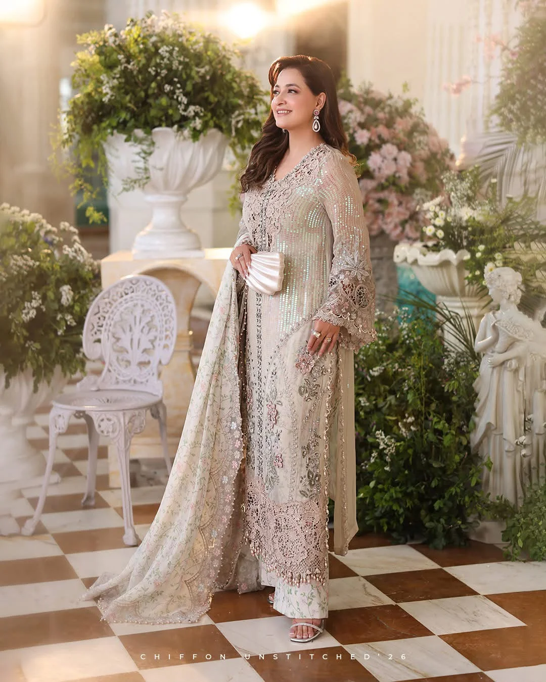 Maria b new collection winter chiffon embroidered unstitched - oye ji New collection winter chiffon embroidered unstitched side pose