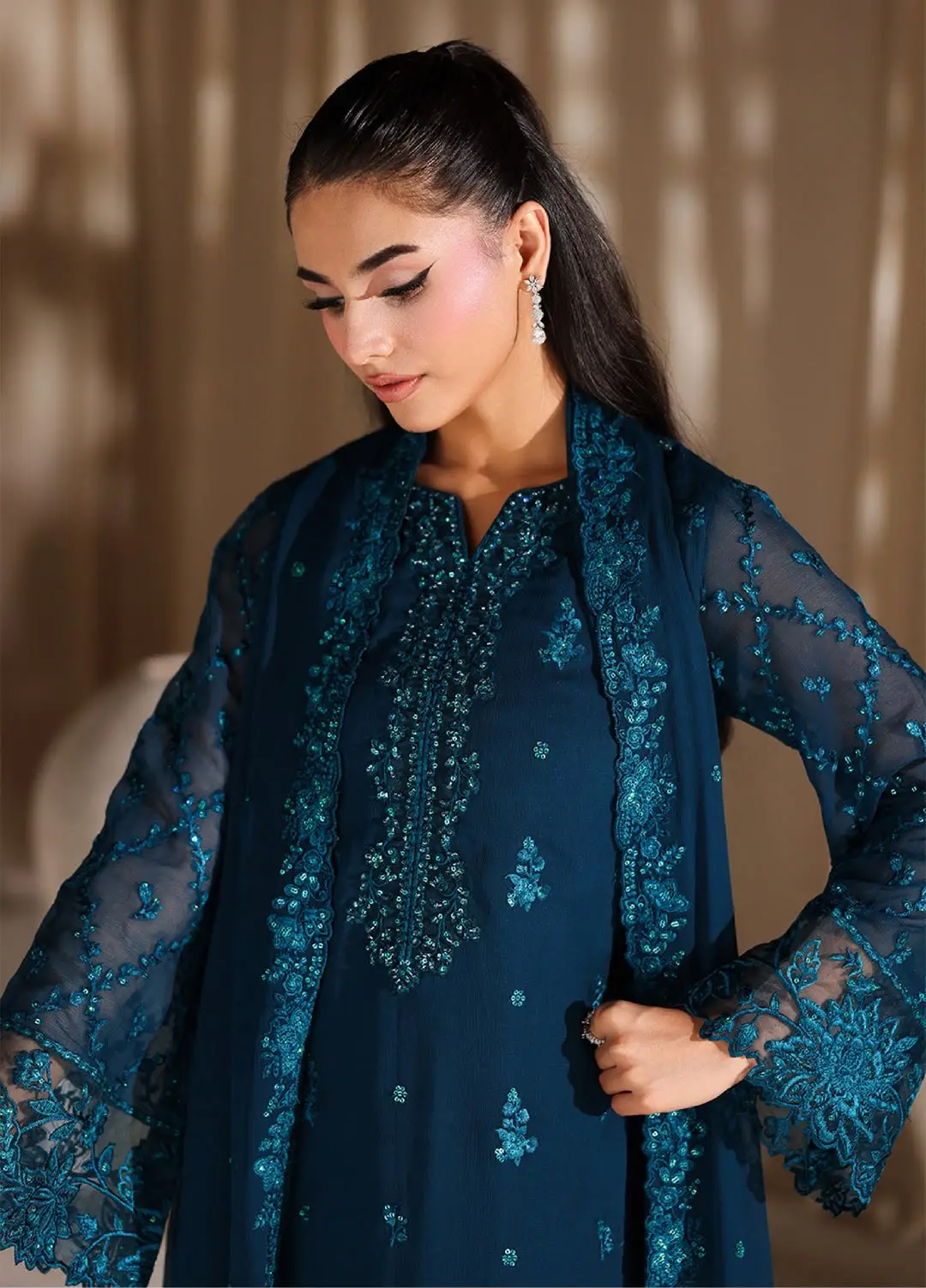Chiffon azure clothing fully heavy embroidered dupatta with 04 sides cut work - oye ji Chiffon azure clothing fully heavy embroidered zoom view